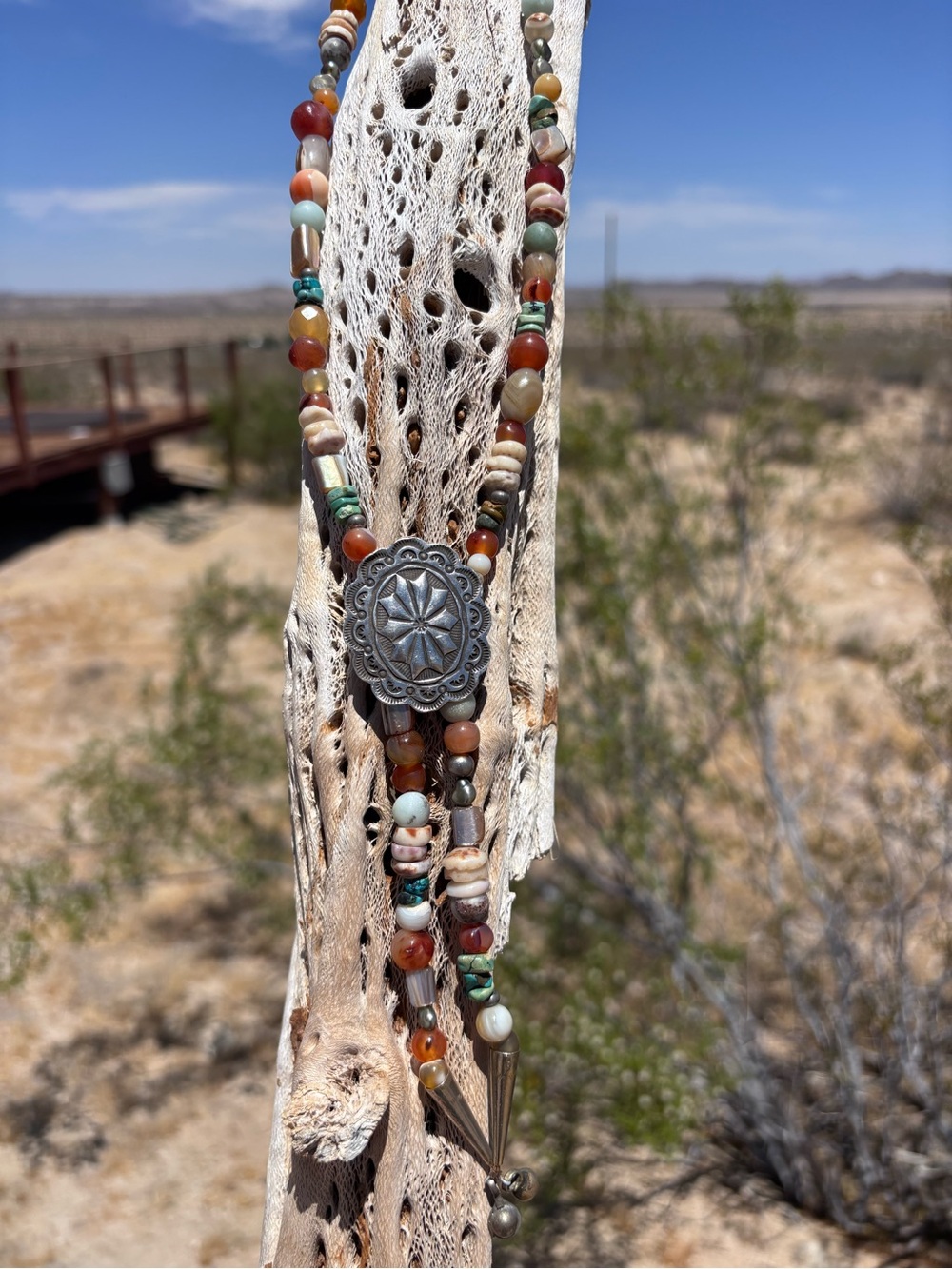 Handmade Bolo Necklace Vintage Genuine Carnelian, Turquoise, Shell and Pearl
